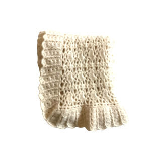 Hand Crocheted Cream Baby/Throw Blanket with Ruffled Edge 60" X 46"